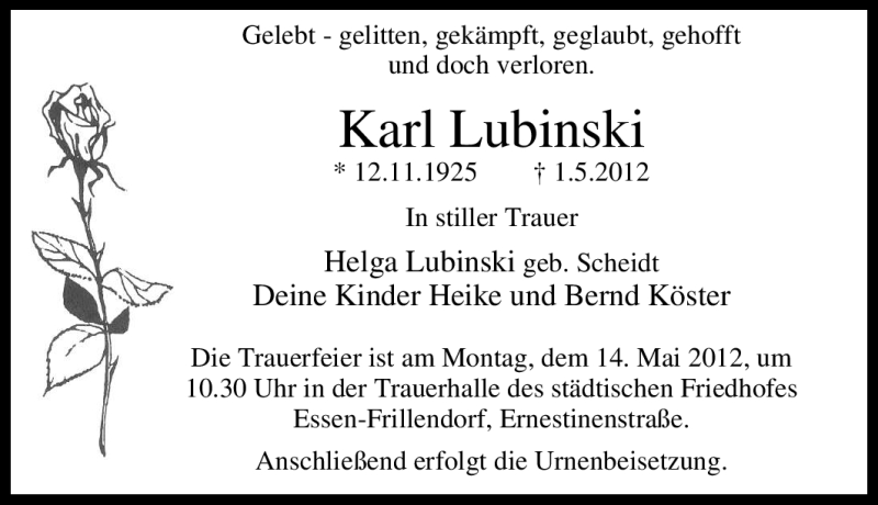  Traueranzeige für Karl Lubinski vom 09.05.2012 aus Tageszeitung