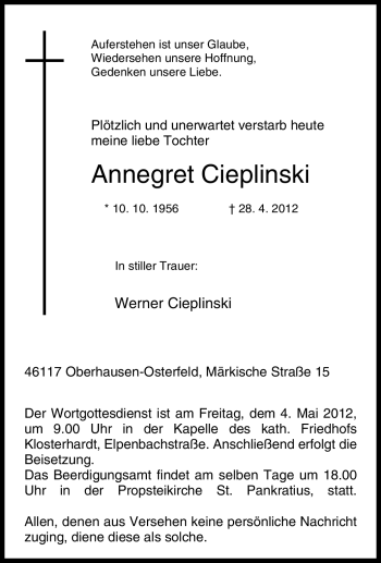 Traueranzeige von Annegret Cieplinski von Tageszeitung