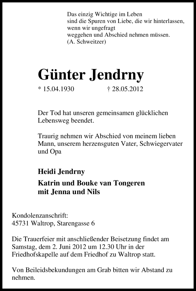  Traueranzeige für Günter Jendrny vom 31.05.2012 aus Tageszeitung