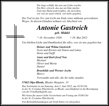 Traueranzeige von Antonie Gastreich von Tageszeitung