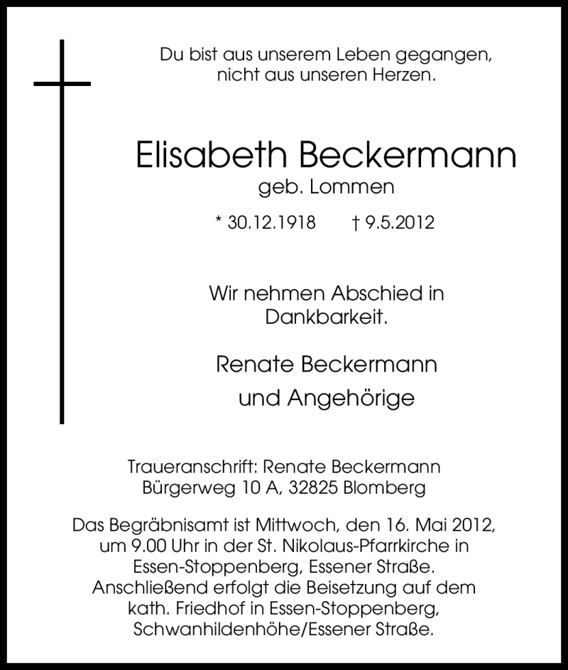  Traueranzeige für Elisabeth Beckermann vom 12.05.2012 aus Tageszeitung