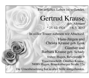 Traueranzeige von Gertrud Krause von Tageszeitung
