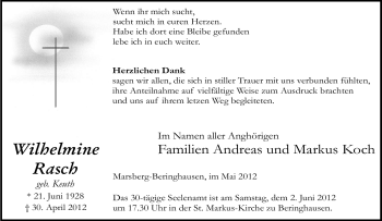 Traueranzeige von Wilhelmine Rasch von Tageszeitung