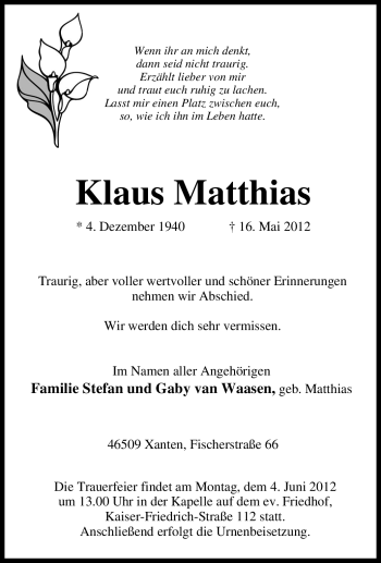 Traueranzeige von Klaus Matthias von Tageszeitung