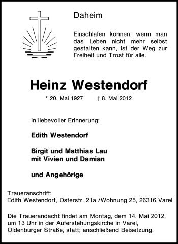 Traueranzeige von Heinz Westendorf von Tageszeitung