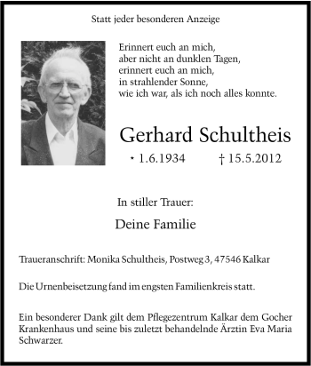 Traueranzeige von Gerhard Schultheis von Tageszeitung