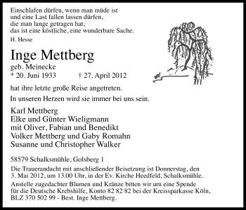 Traueranzeige von Inge Mettberg von Tageszeitung