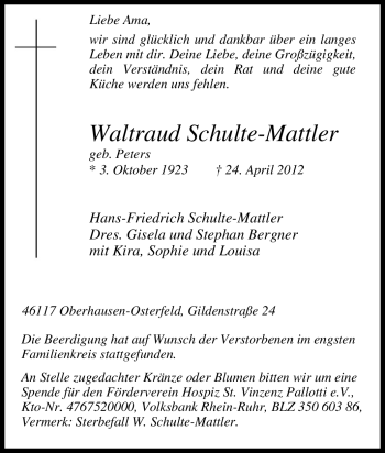 Traueranzeige von Waltraud Schulte-Mattler von Tageszeitung