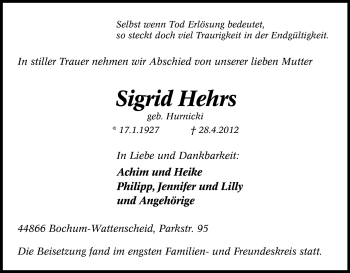 Traueranzeige von Sigrid Hehrs von Tageszeitung