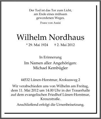 Traueranzeige von Wilhelm Nordhaus von Tageszeitung