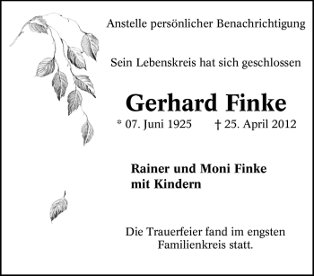 Traueranzeige von Gerhard Finke von Tageszeitung