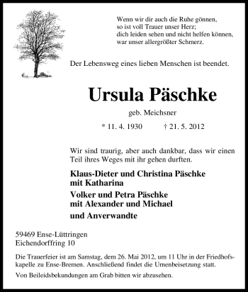 Traueranzeige von Ursula Päschke von Tageszeitung