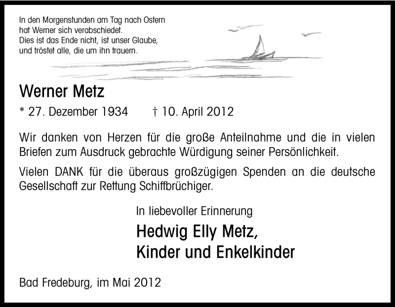  Traueranzeige für Werner Metz vom 26.05.2012 aus Tageszeitung