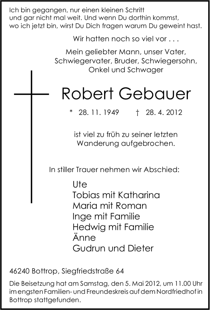  Traueranzeige für Robert Gebauer vom 07.05.2012 aus Tageszeitung