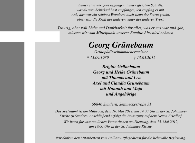 Traueranzeigen von Grünebaum TrauerinNRW.de