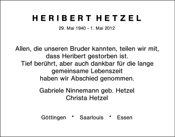 Traueranzeige von Heribert Hetzel von Tageszeitung
