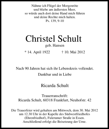 Traueranzeige von Christel Schult von Tageszeitung