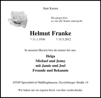 Traueranzeige von Helmut Franke von Tageszeitung