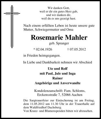 Traueranzeige von Rosemarie Mahler von Tageszeitung