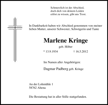 Traueranzeige von Marlene Kringe von Tageszeitung