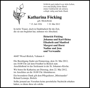 Traueranzeige von Katharina Föcking von Tageszeitung