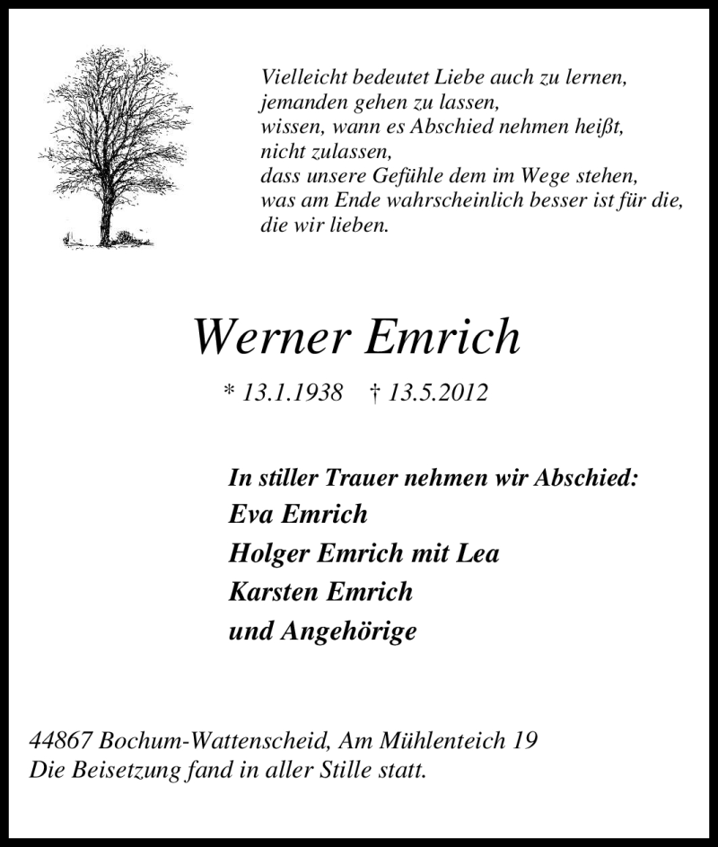  Traueranzeige für Werner Emrich vom 26.05.2012 aus Tageszeitung