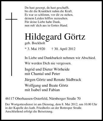 Traueranzeige von Hildegard Görtz von Tageszeitung