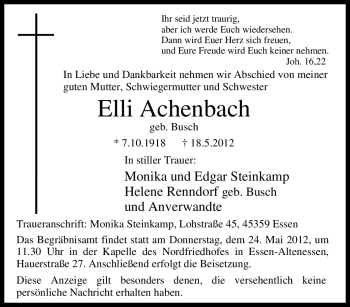Traueranzeige von Elli Achenbach von Tageszeitung