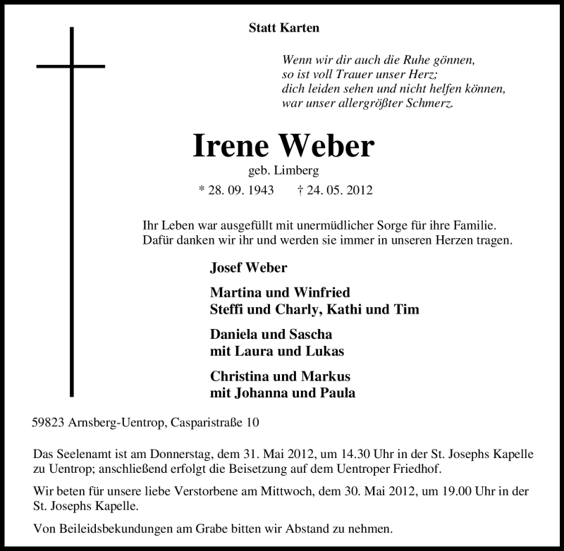  Traueranzeige für Irene Weber vom 26.05.2012 aus Tageszeitung