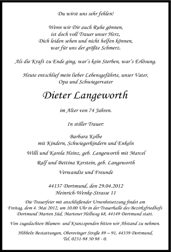 Traueranzeige von Dieter Langeworth von Tageszeitung
