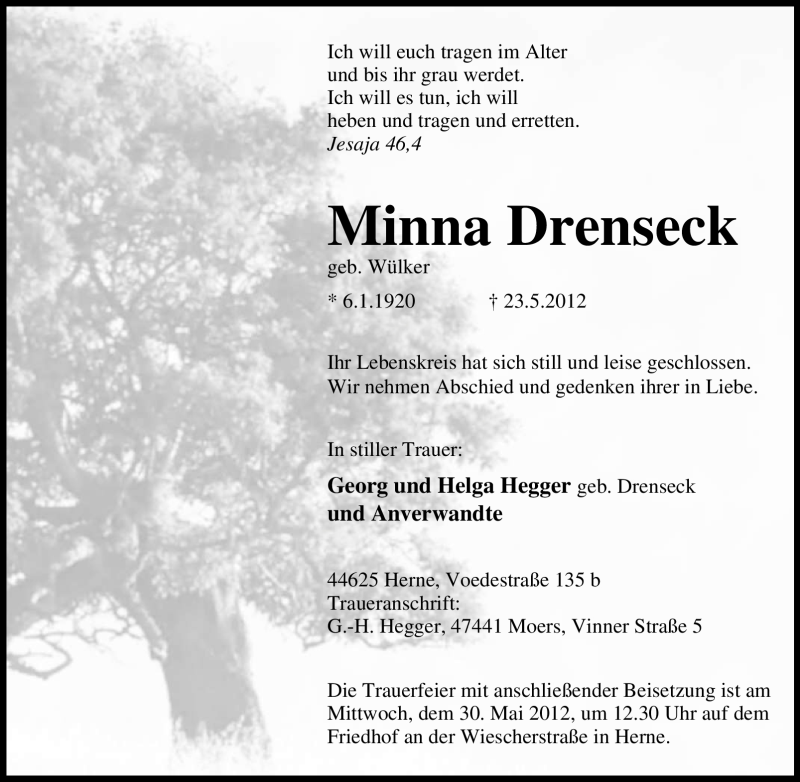  Traueranzeige für Minna Drenseck vom 26.05.2012 aus Tageszeitung