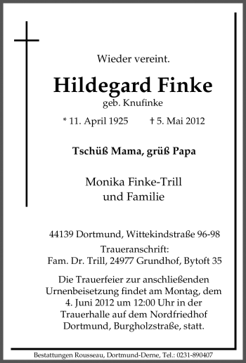 Traueranzeige von Hildegard Finke von Tageszeitung