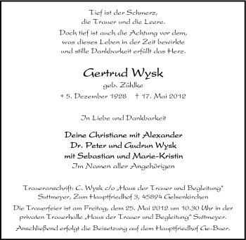 Traueranzeige von Gertrud Wysk von Tageszeitung