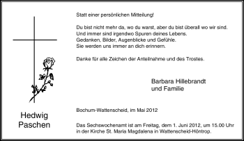 Traueranzeige von Hedwig Paschen von Tageszeitung