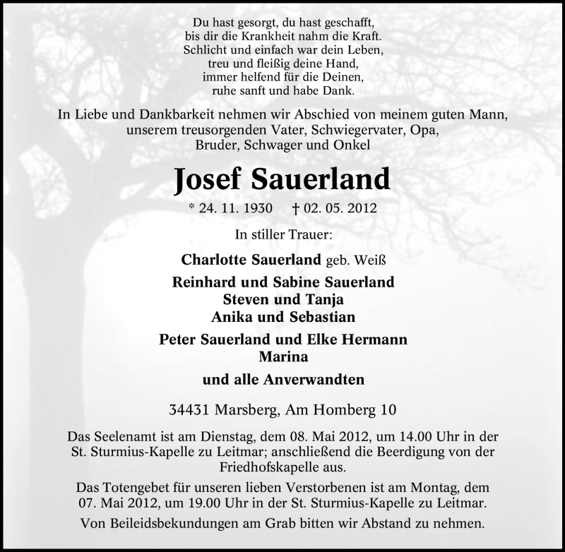  Traueranzeige für Josef Sauerland vom 04.05.2012 aus Tageszeitung