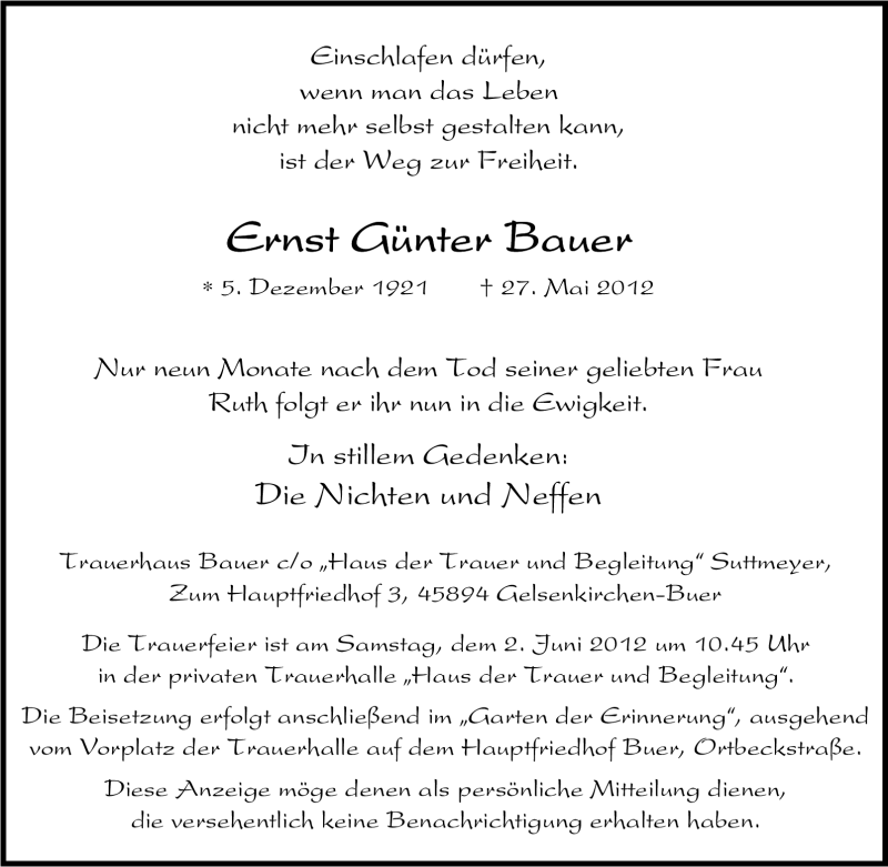  Traueranzeige für Ernst Günter Bauer vom 30.05.2012 aus Tageszeitung