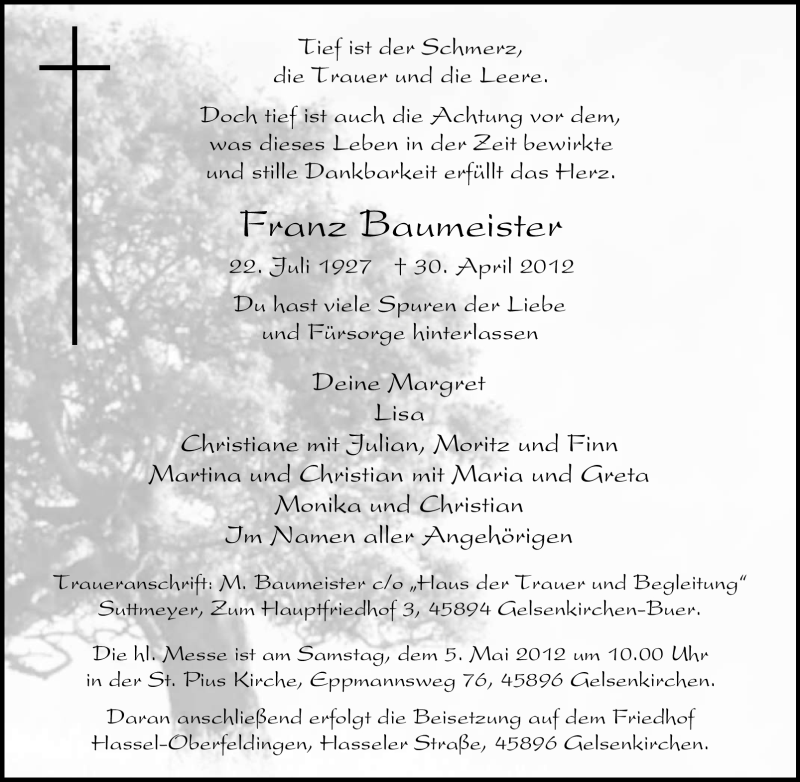  Traueranzeige für Franz Baumeister vom 03.05.2012 aus Tageszeitung