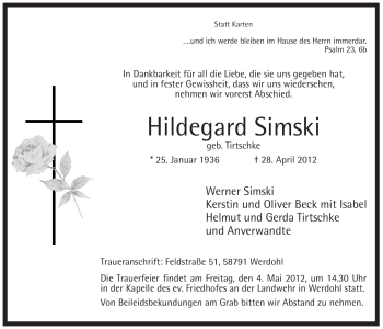 Traueranzeige von Hildegard Simski von Tageszeitung