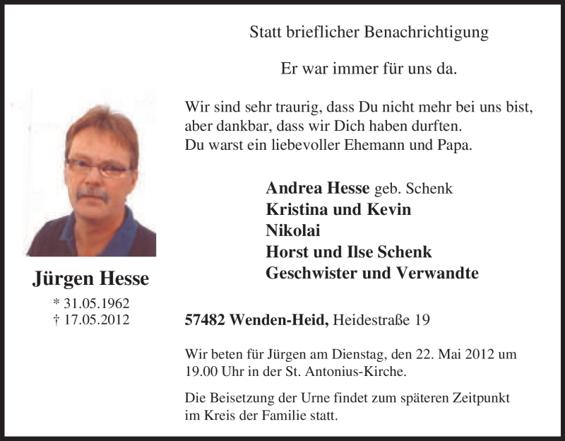  Traueranzeige für Jürgen Hesse vom 19.05.2012 aus Tageszeitung