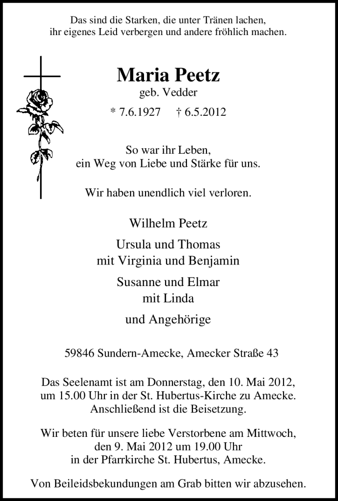  Traueranzeige für Maria Peetz vom 07.05.2012 aus Tageszeitung
