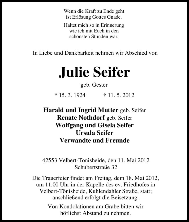  Traueranzeige für Julie Seifer vom 15.05.2012 aus Tageszeitung