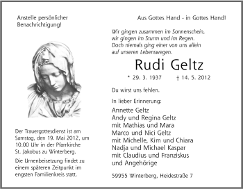 Traueranzeige von Rudi Geltz von Tageszeitung