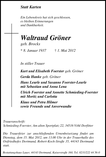 Traueranzeige von Waltraud Gröner von Tageszeitung