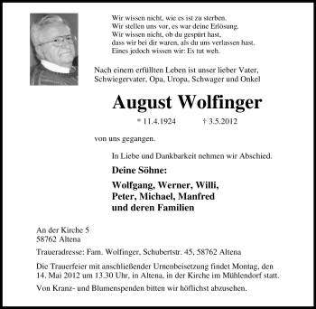 Traueranzeige von August Wolfinger von Tageszeitung