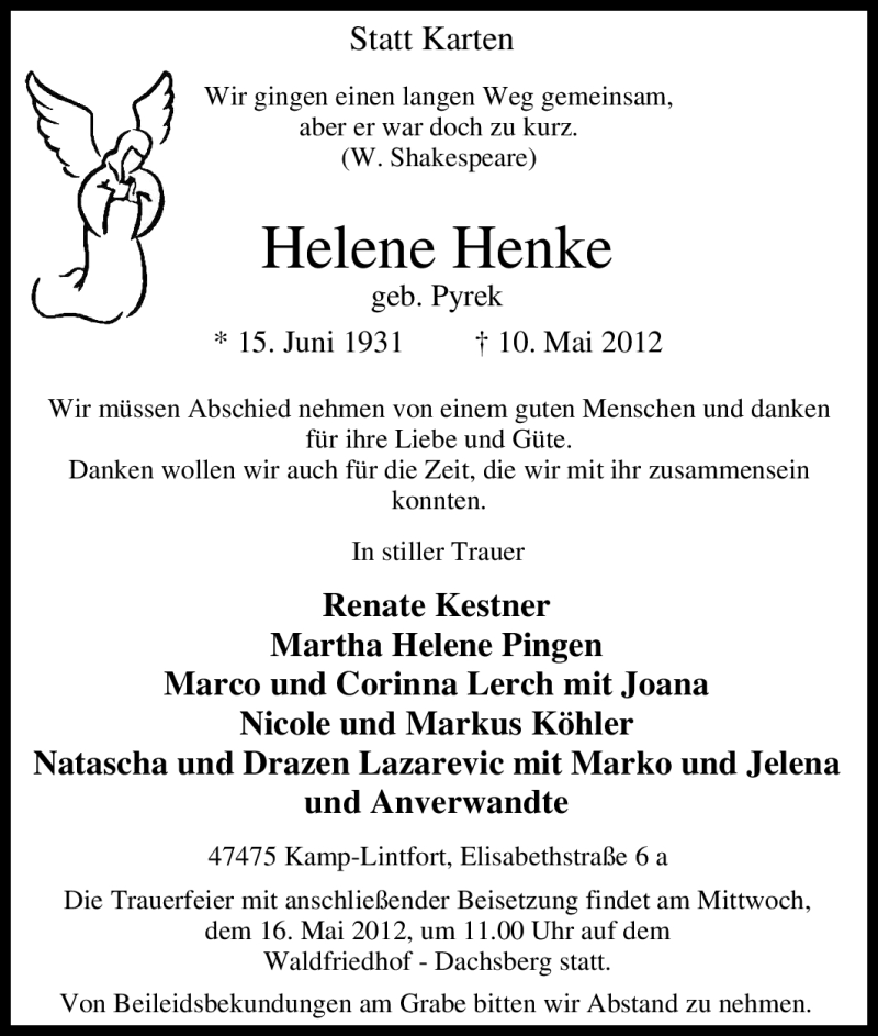  Traueranzeige für Helene Henke vom 14.05.2012 aus Tageszeitung
