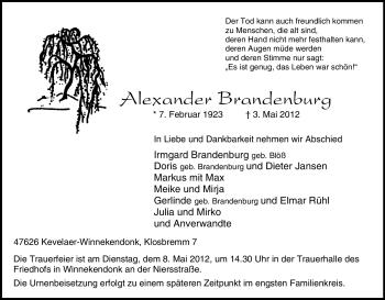 Traueranzeige von Alexander Brandenburg von Tageszeitung