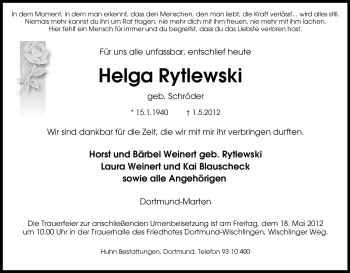 Traueranzeige von Helga Rytlewski von Tageszeitung