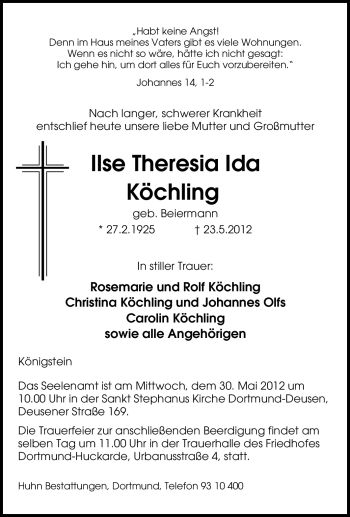 Traueranzeige von Ilse Theresia Ida Köchling von Tageszeitung