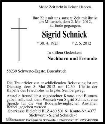 Traueranzeige von Sigrid Schnick von Tageszeitung