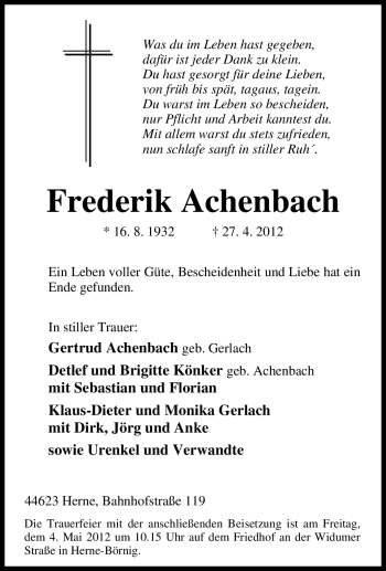 Traueranzeige von Frederik Achenbach von Tageszeitung
